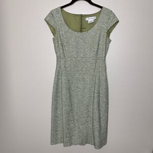 Max Mara Green Tweed Dress Size 6 Cap-Sleeve Round Neck Sheath Fitted